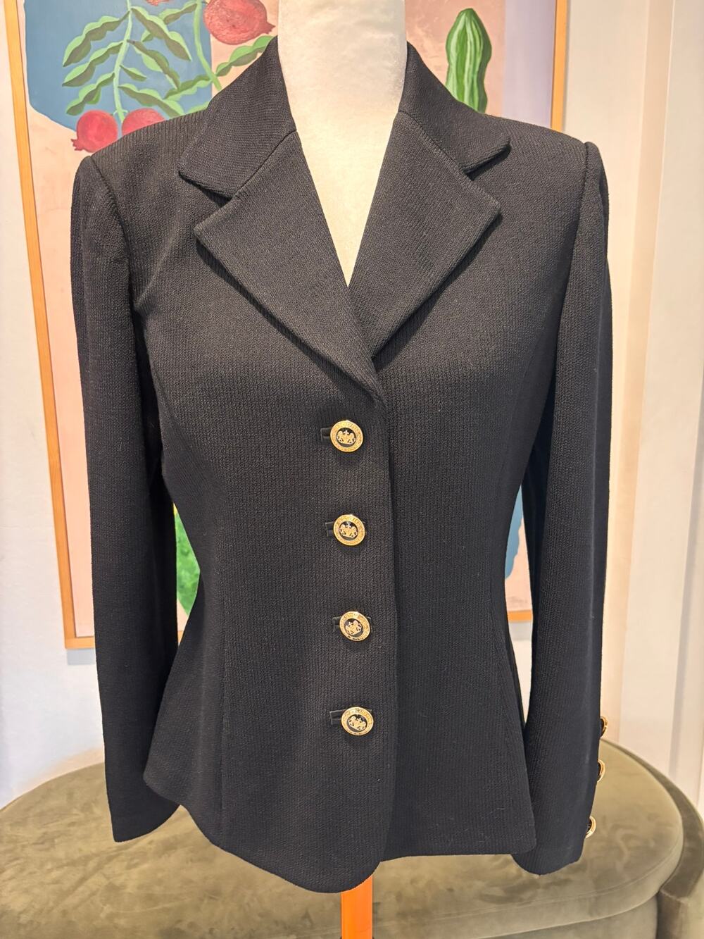 St. John Basics Black Santana Knit Blazer Gold Crest Buttons Size 8